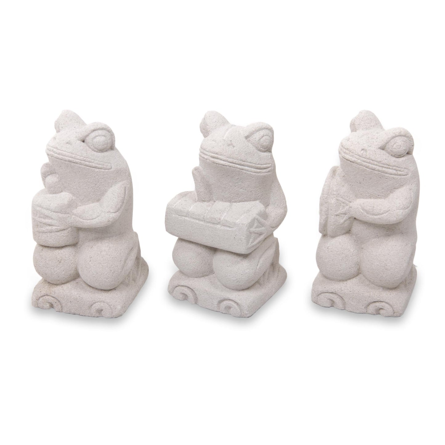 Musical Frogs I Artisan Crafted Limestone Balinese Frog Figurines (Set of 3)