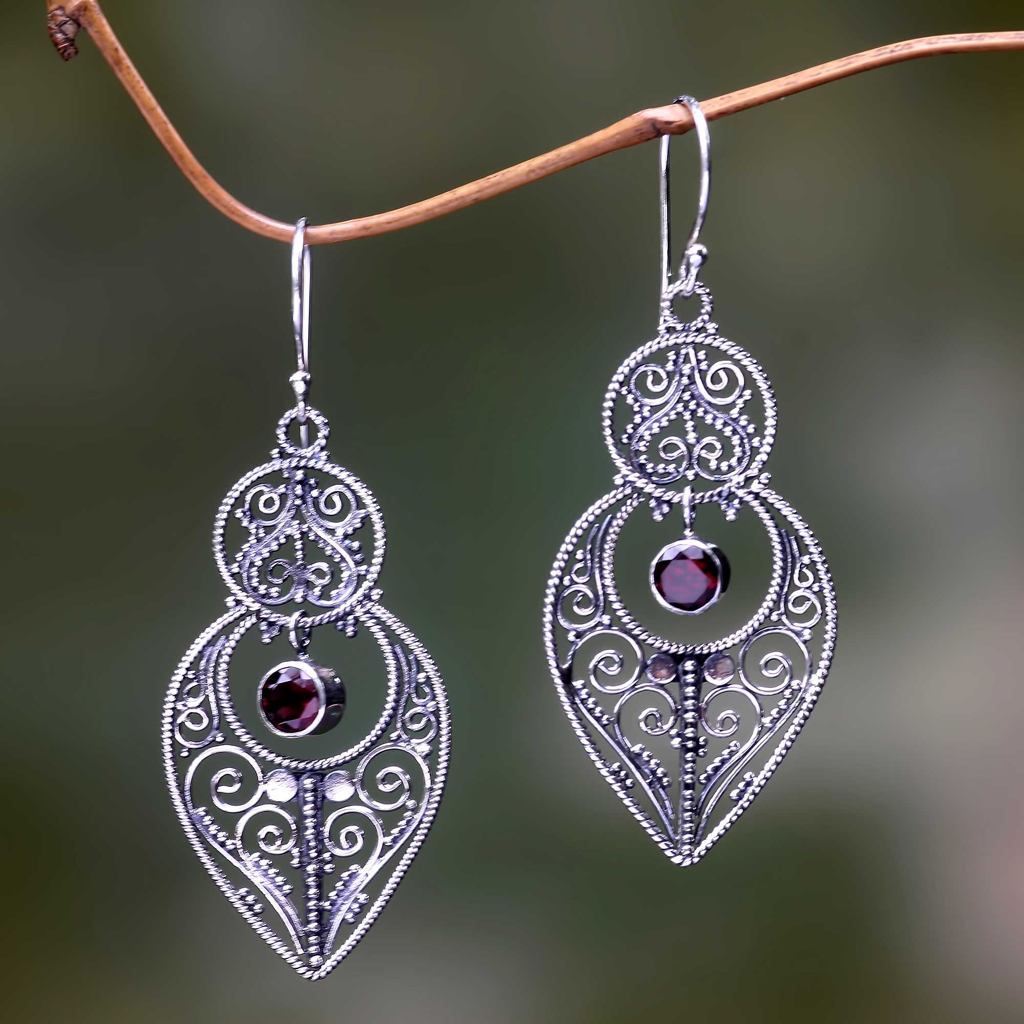 Garnet hot Balinese Silver Dangle Earrings