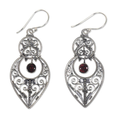 Majapahit Glory Balinese Sterling Silver Dangle Earrings with Garnet