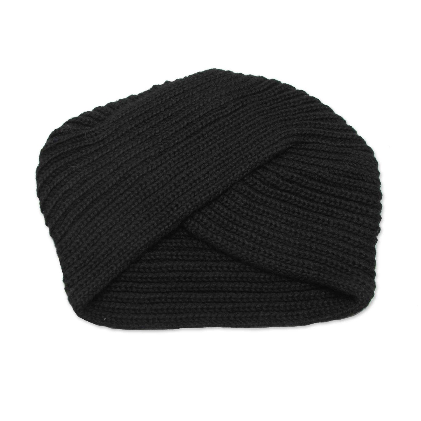 EbonyTurban Knitted Alpaca Blend Black Turban Style Hat from Peru