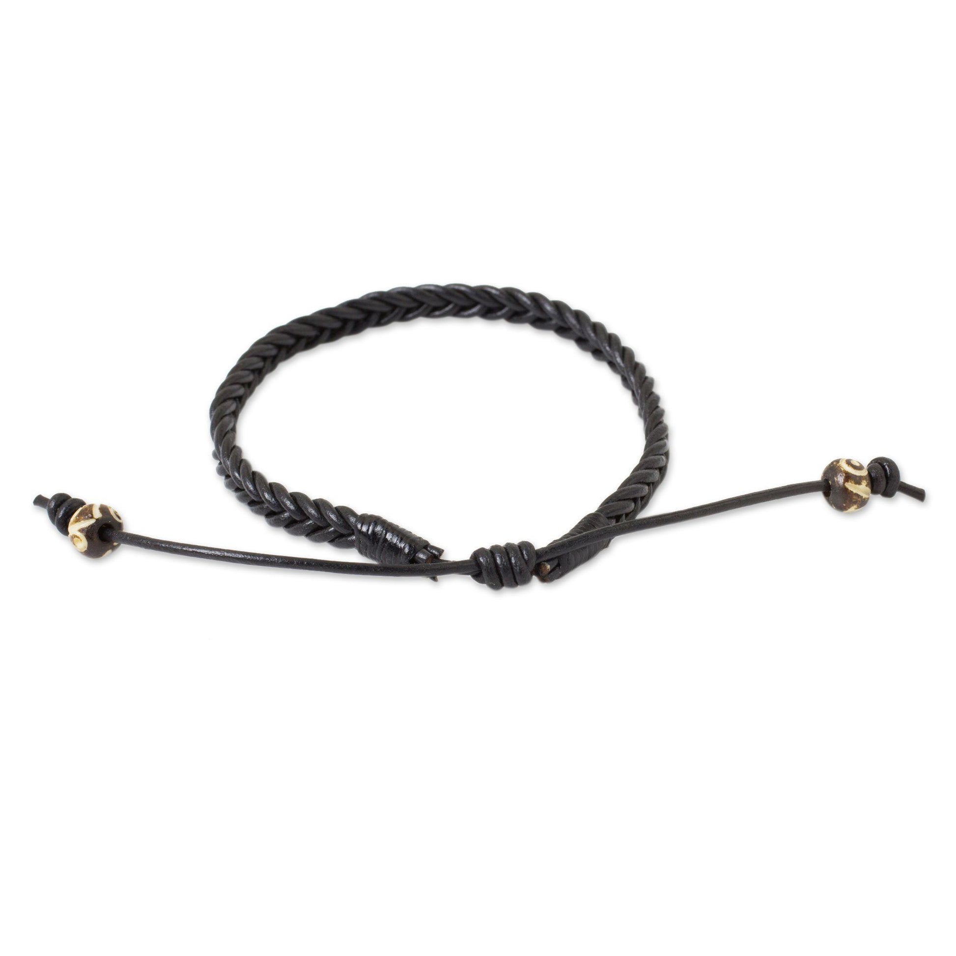 NOVICA - Men's Black Leather Braided Bracelet