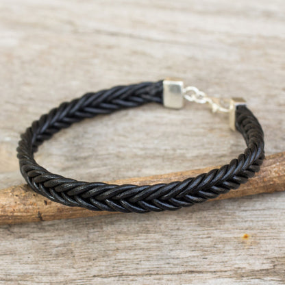 Assertive in Black Thai Black Leather Braided Bracelet with Silver Clasp