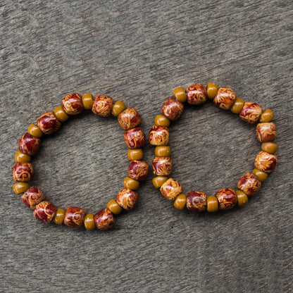 African Grace 2 Red and Brown Floral Beaded Wood Stretch Bracelets