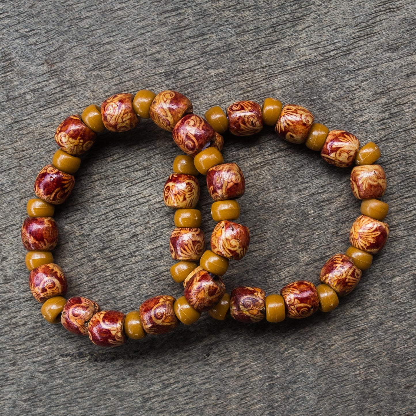 African Grace 2 Red and Brown Floral Beaded Wood Stretch Bracelets