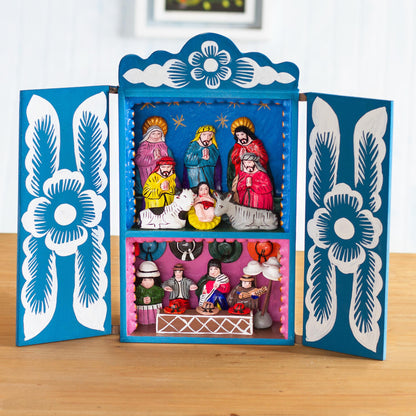 Blue Andean Christmas Handcrafted Christian Theme Christmas Retablo Diorama