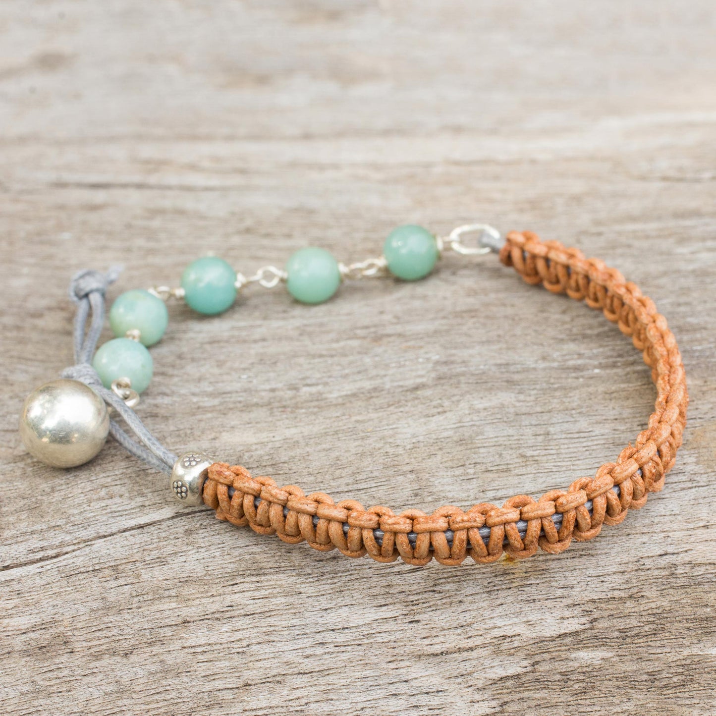 Fantasy Eclipse Amazonite and Silver on Leather Beaded Bracelet