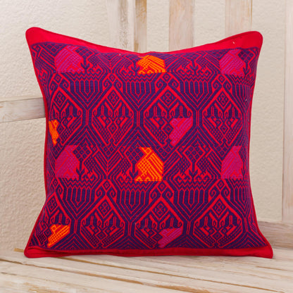 Birds in Color Handwoven Maya Backstrap Loom Red and Purple Cushion Cover