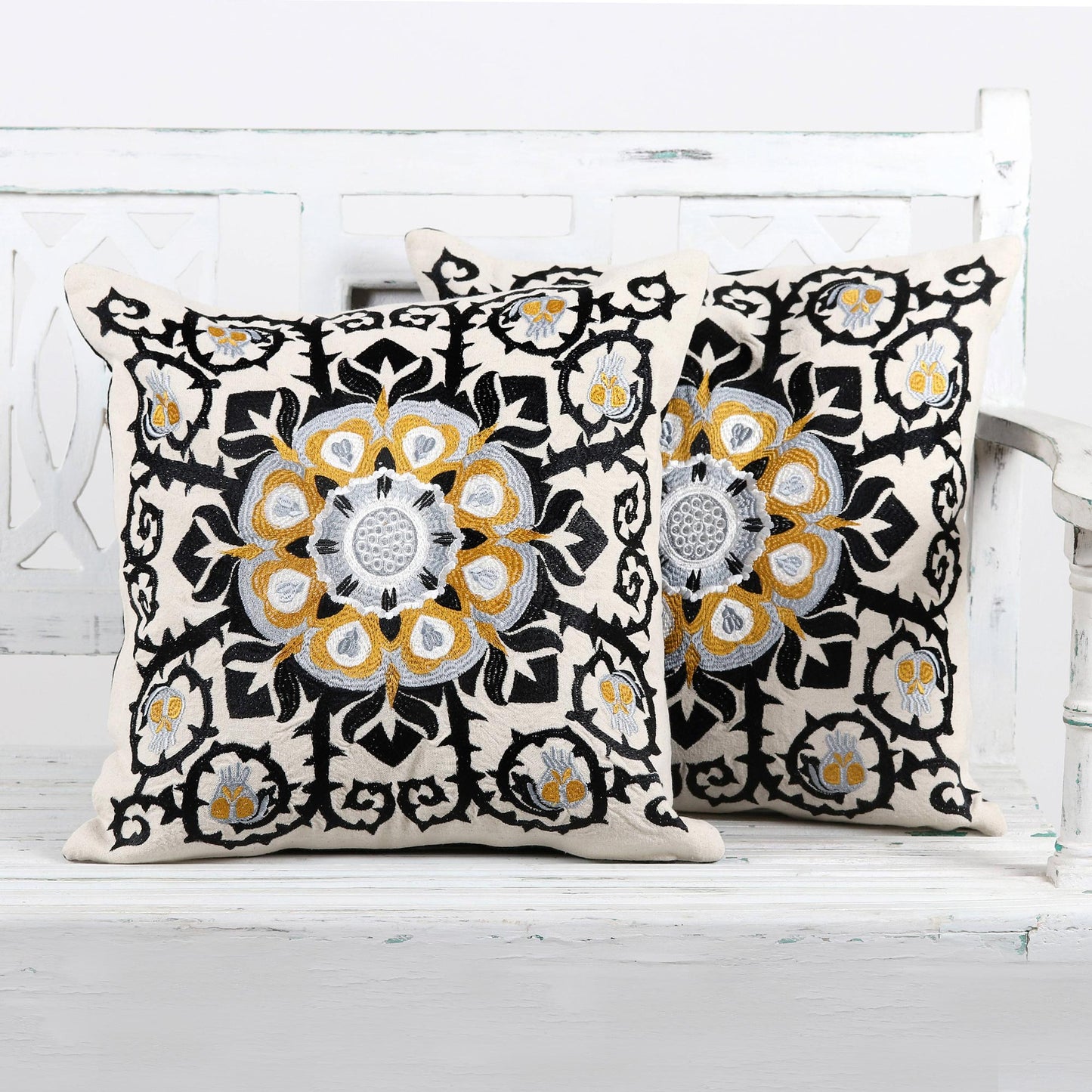 Jaipur Blossom Embroidered Cotton Ecru Cushion Covers from India (Pair)