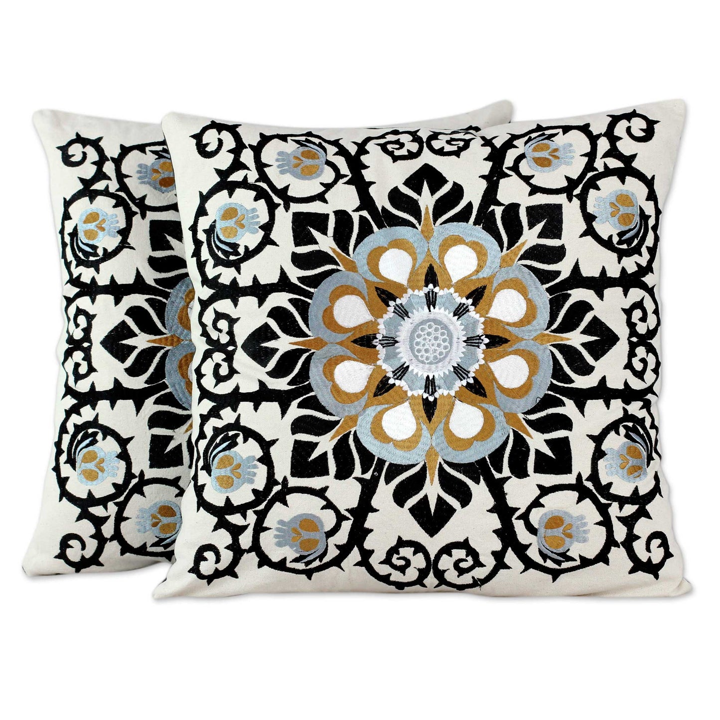 Jaipur Blossom Embroidered Cotton Ecru Cushion Covers from India (Pair)