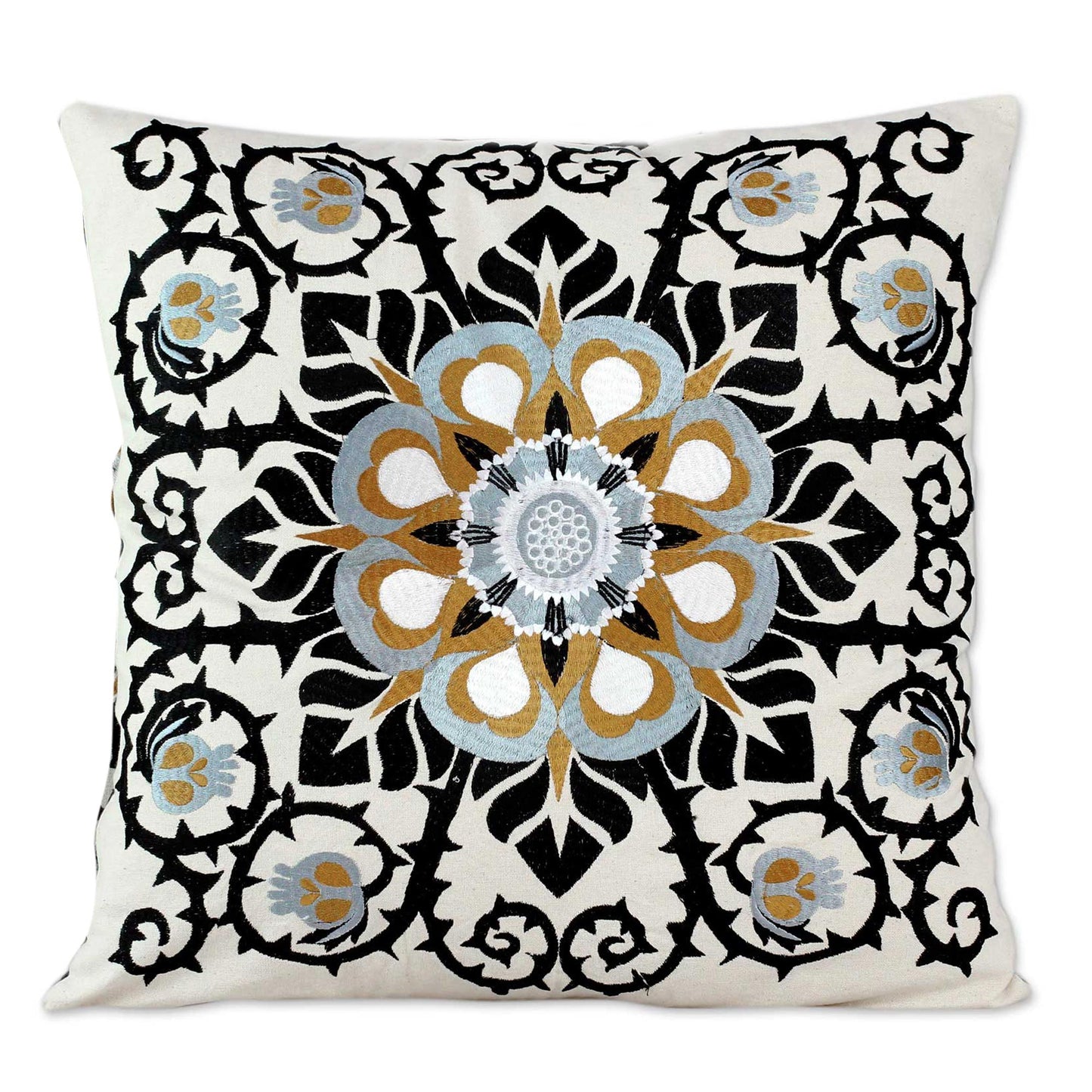 Jaipur Blossom Embroidered Cotton Ecru Cushion Covers from India (Pair)