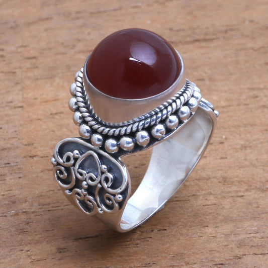 Incandescent Moon Artisan Crafted Carnelian and Sterling Silver Ring from Bali