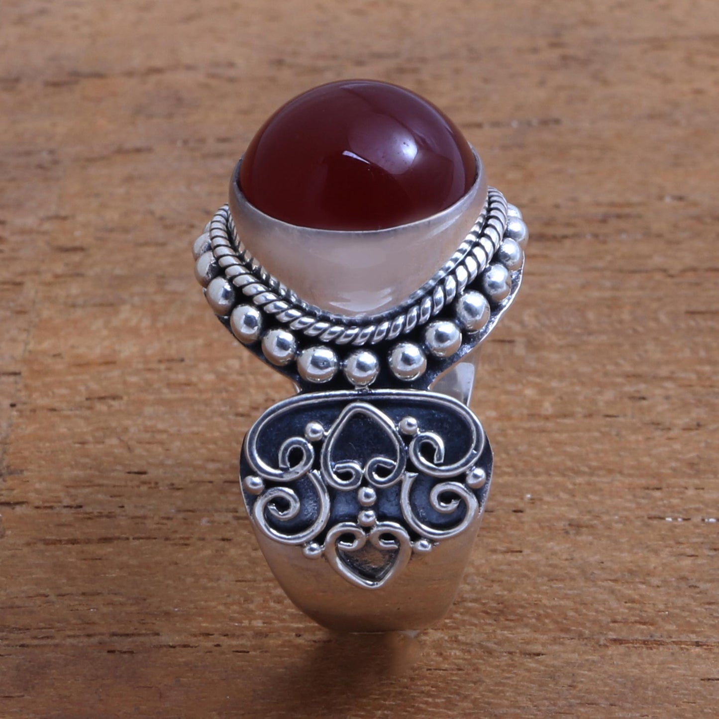 Incandescent Moon Artisan Crafted Carnelian and Sterling Silver Ring from Bali