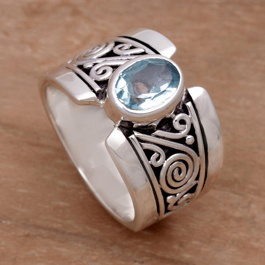 Blue Karma Artisan Crafted Sterling Silver Wide Ring with Blue Topaz