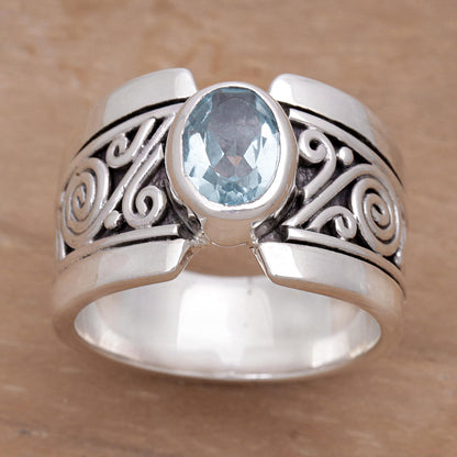 Blue Karma Artisan Crafted Sterling Silver Wide Ring with Blue Topaz