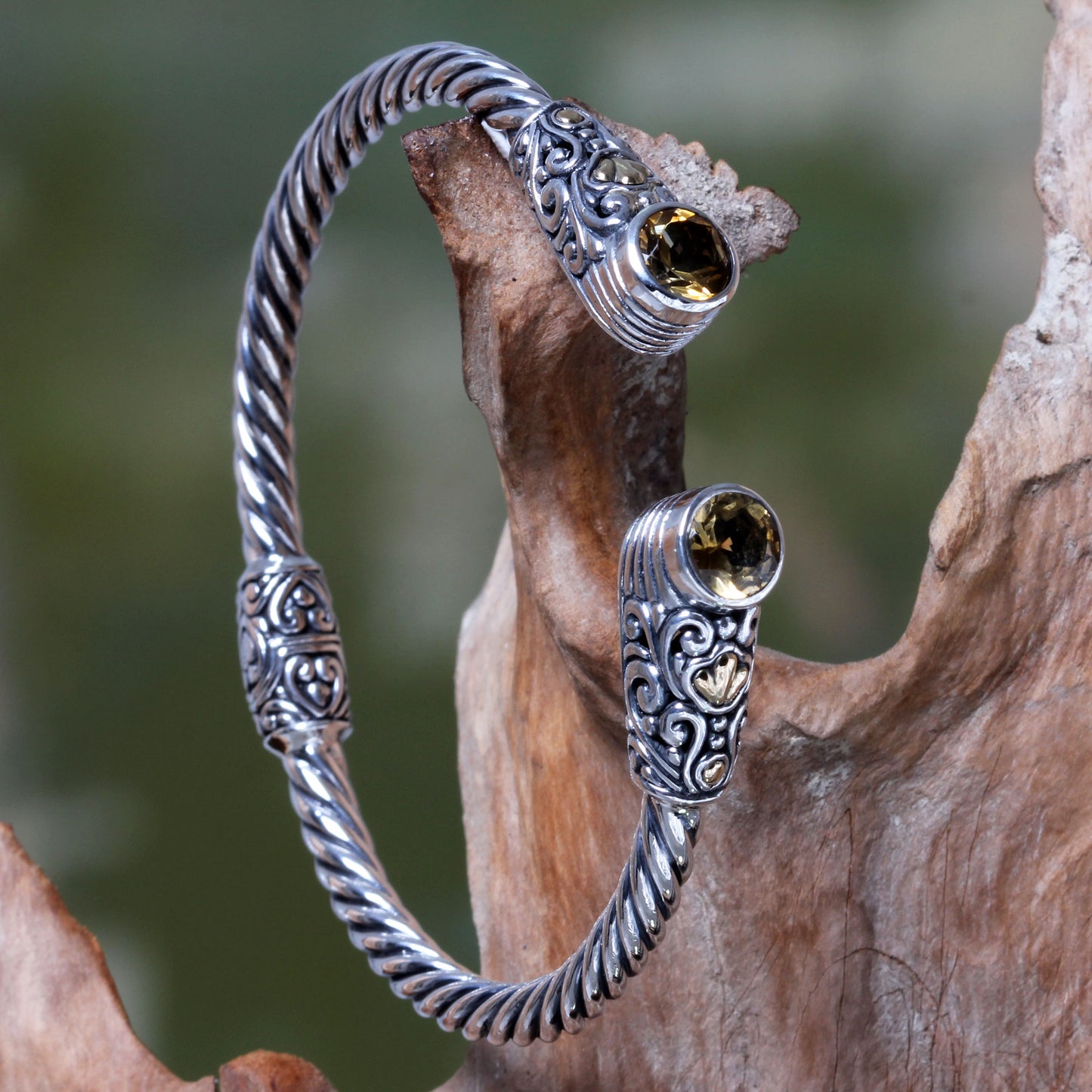 Sukawati Secret Sterling Silver Hinged Cuff Bracelet with Citrine Gold Plate