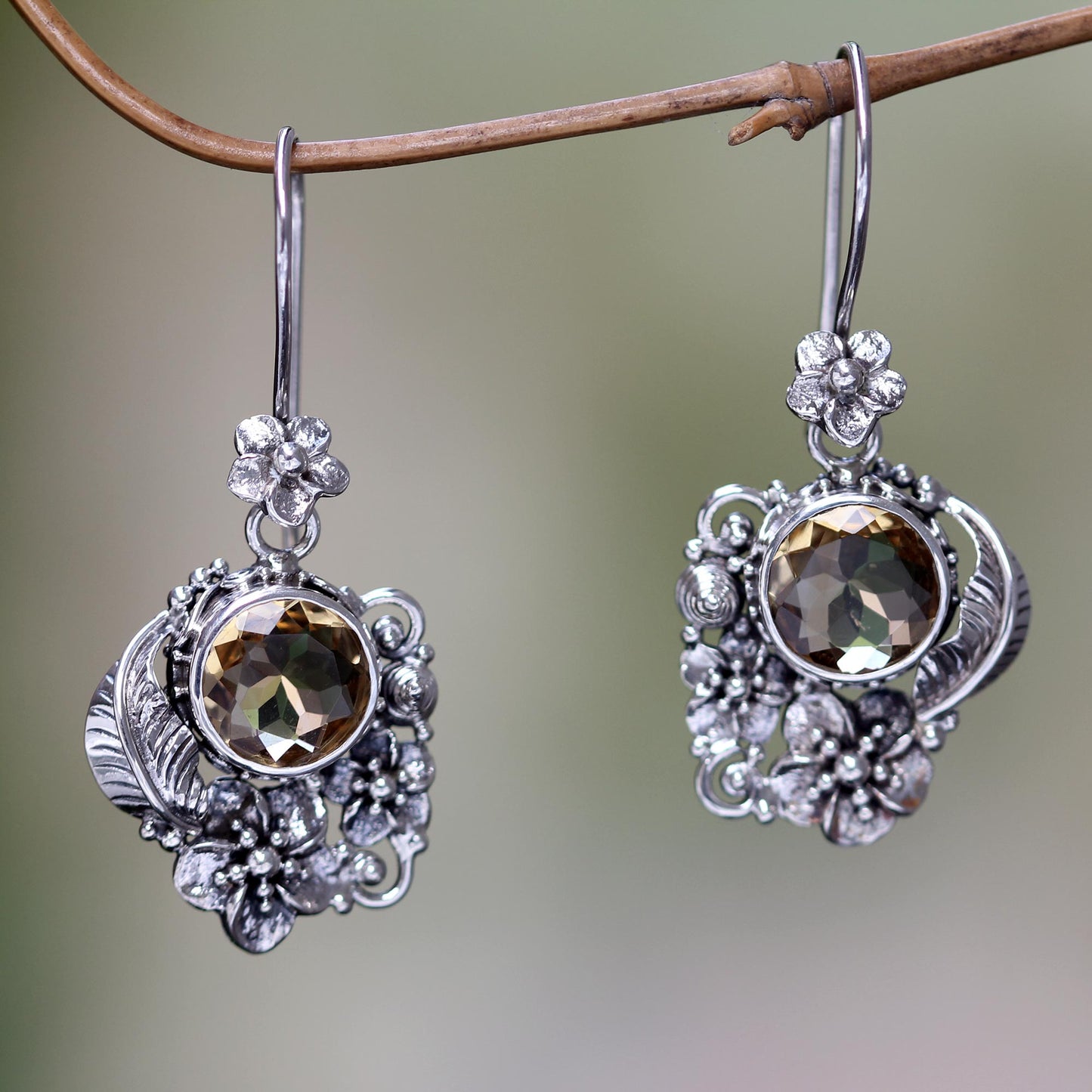 Sun Blossoms Finely Crafted Ornate Citrine Floral Earrings from Bali