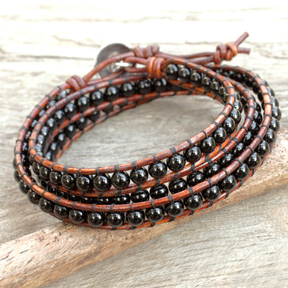 Surin Night Onyx and Leather Wrap Bracelet with Hill Tribe Silver Clasp