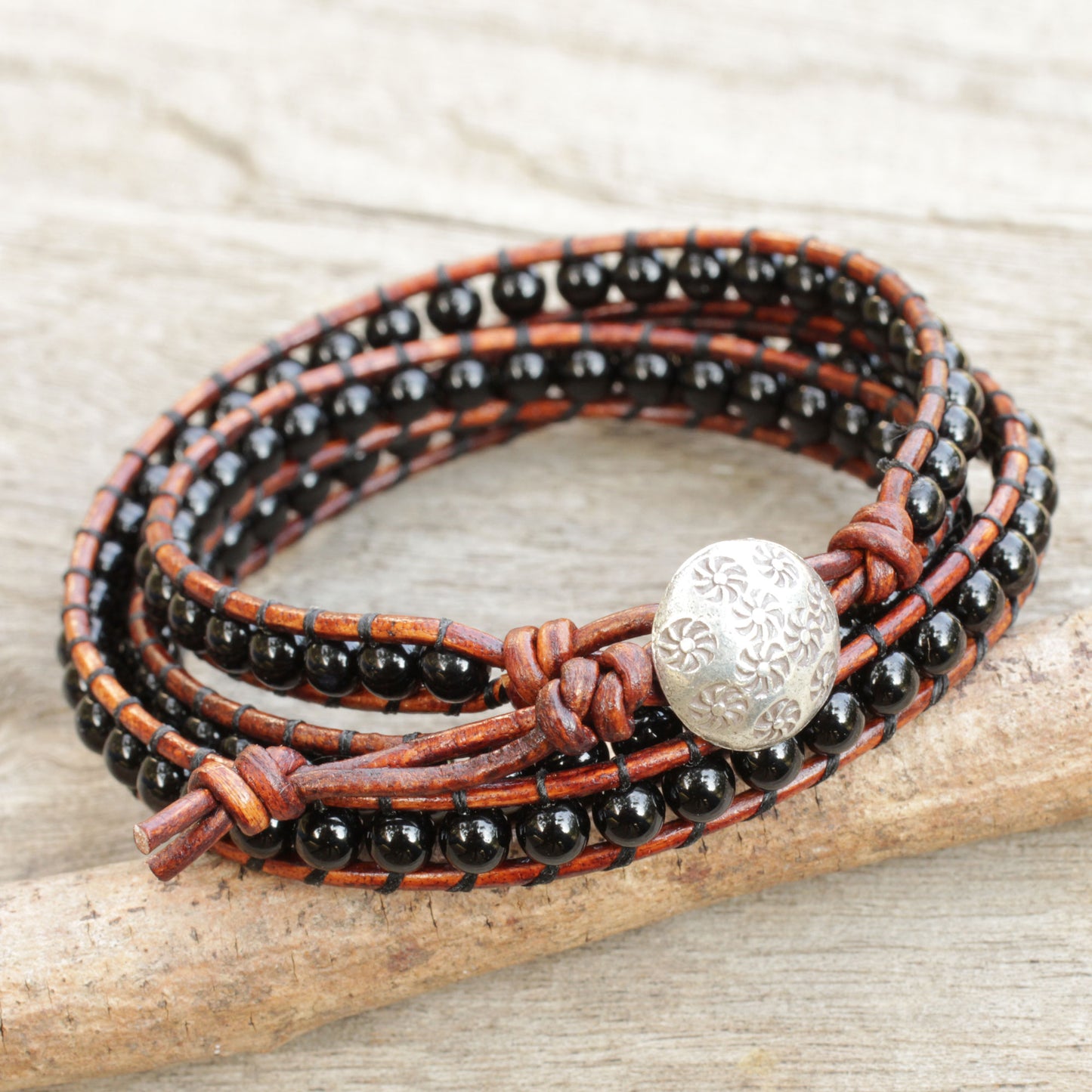 Surin Night Onyx and Leather Wrap Bracelet with Hill Tribe Silver Clasp