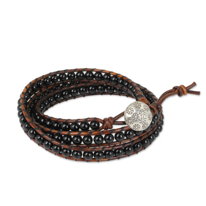 Surin Night Onyx and Leather Wrap Bracelet with Hill Tribe Silver Clasp