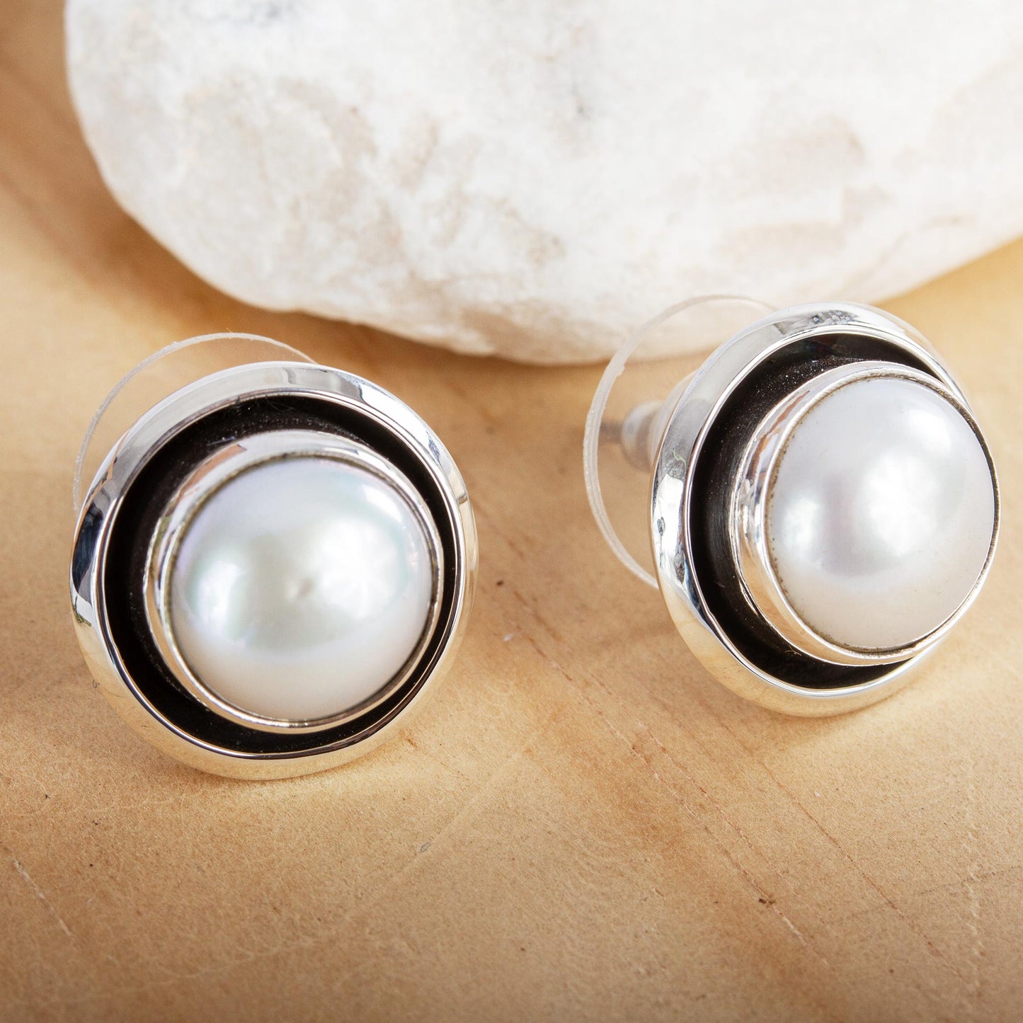 Lunar Shadow Taxco Jewelry Pearl and Sterling Silver Button Earrings