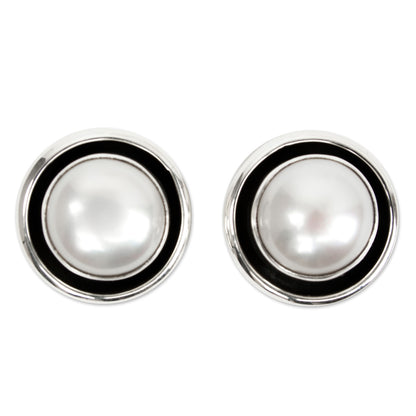 Lunar Shadow Taxco Jewelry Pearl and Sterling Silver Button Earrings