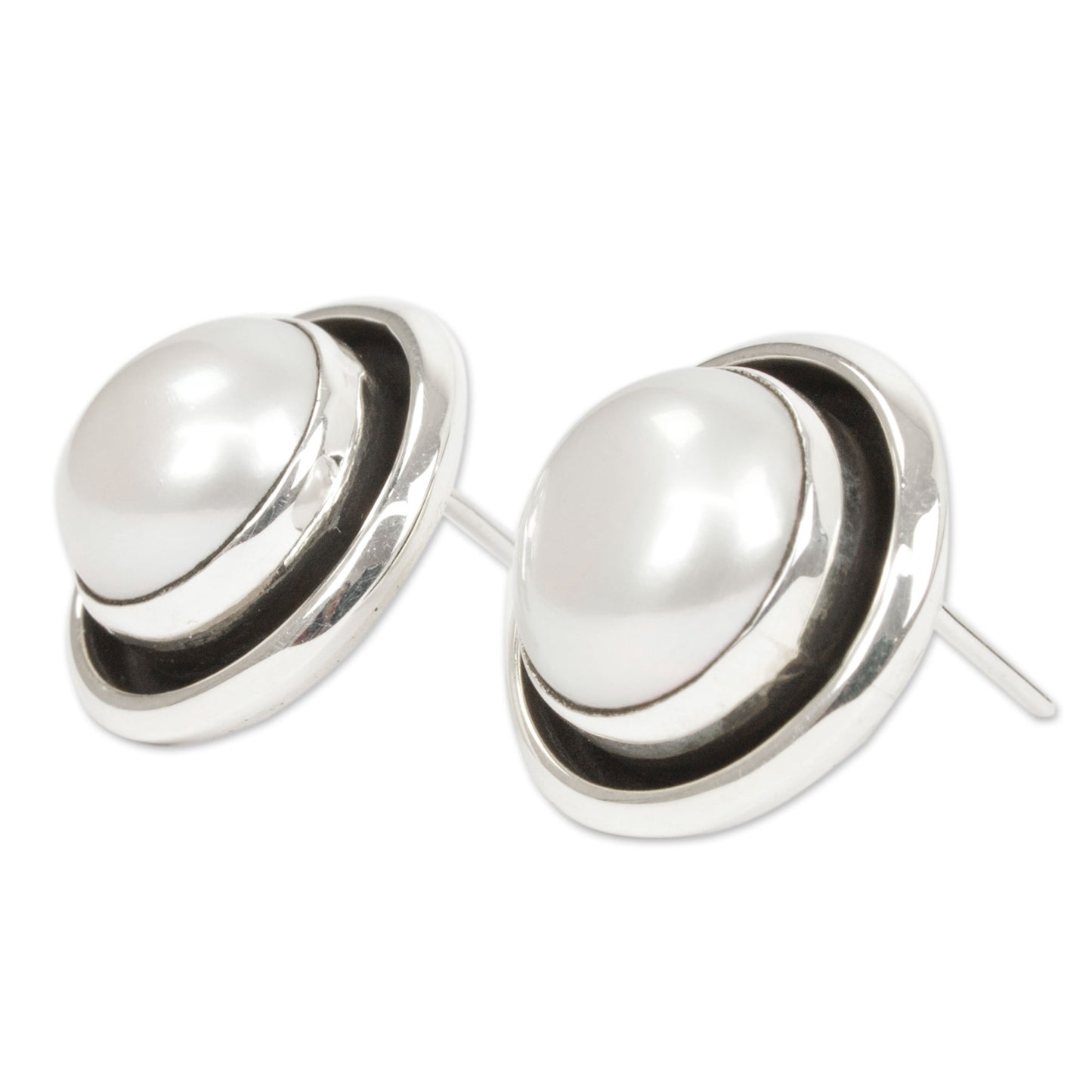 Lunar Shadow Taxco Jewelry Pearl and Sterling Silver Button Earrings