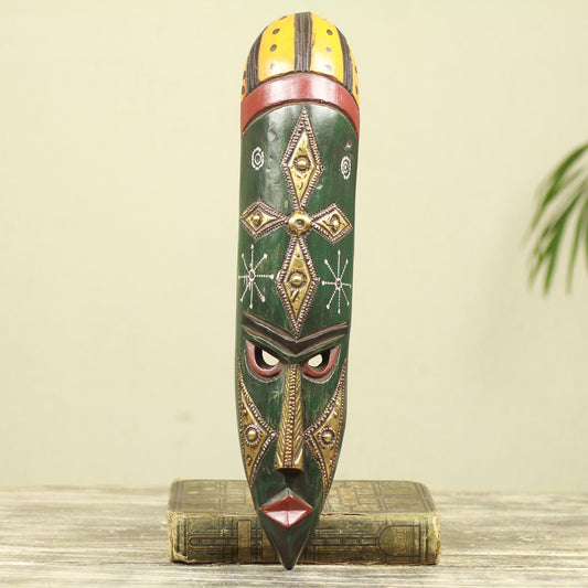 Stargazer African Wood Wall Mask with Star in Embossed Brass