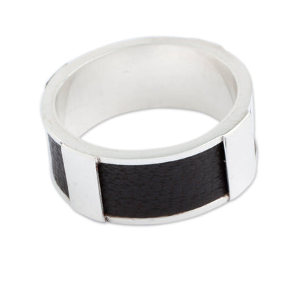 Leather Minimalist Artisan Crafted Leather Accent Sterling Silver Band Ring