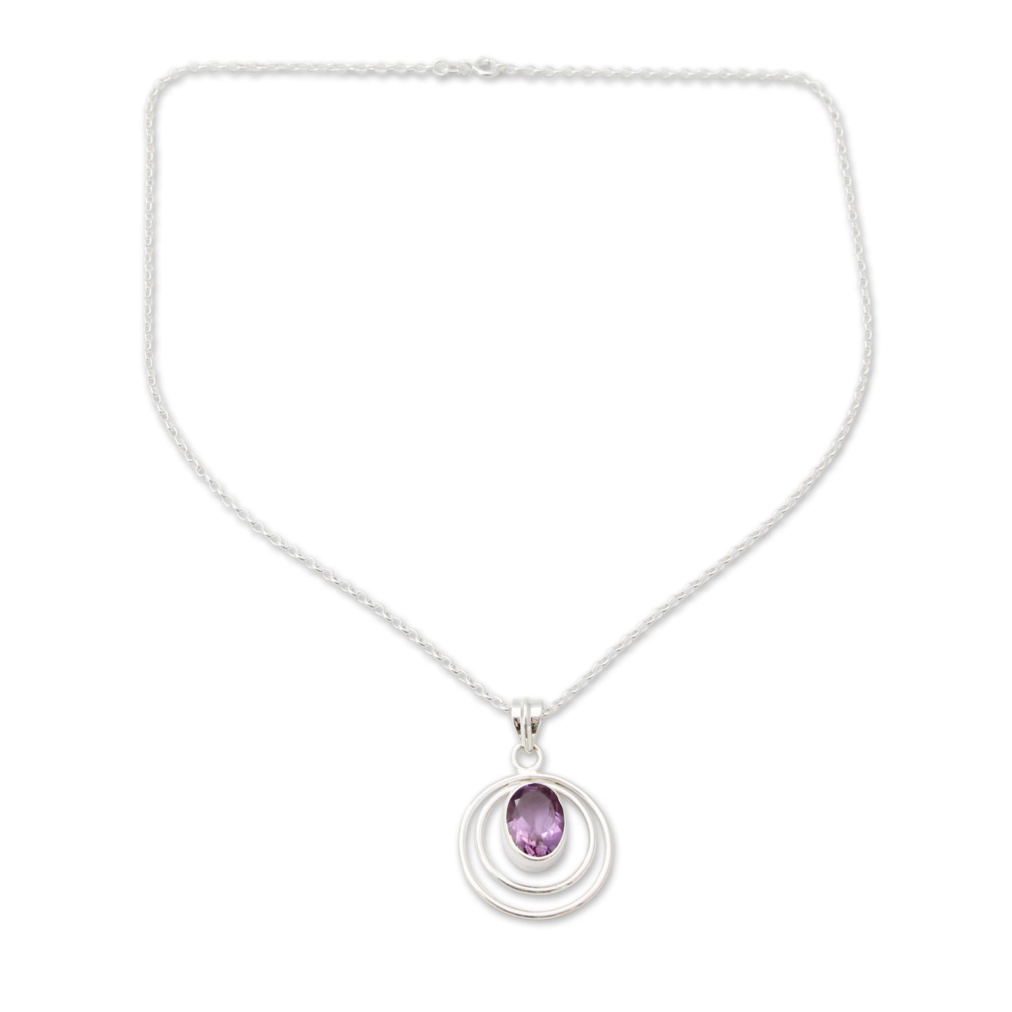 Twin Halo Modern Artisan Crafted Silver and Amethyst Pendant Necklace