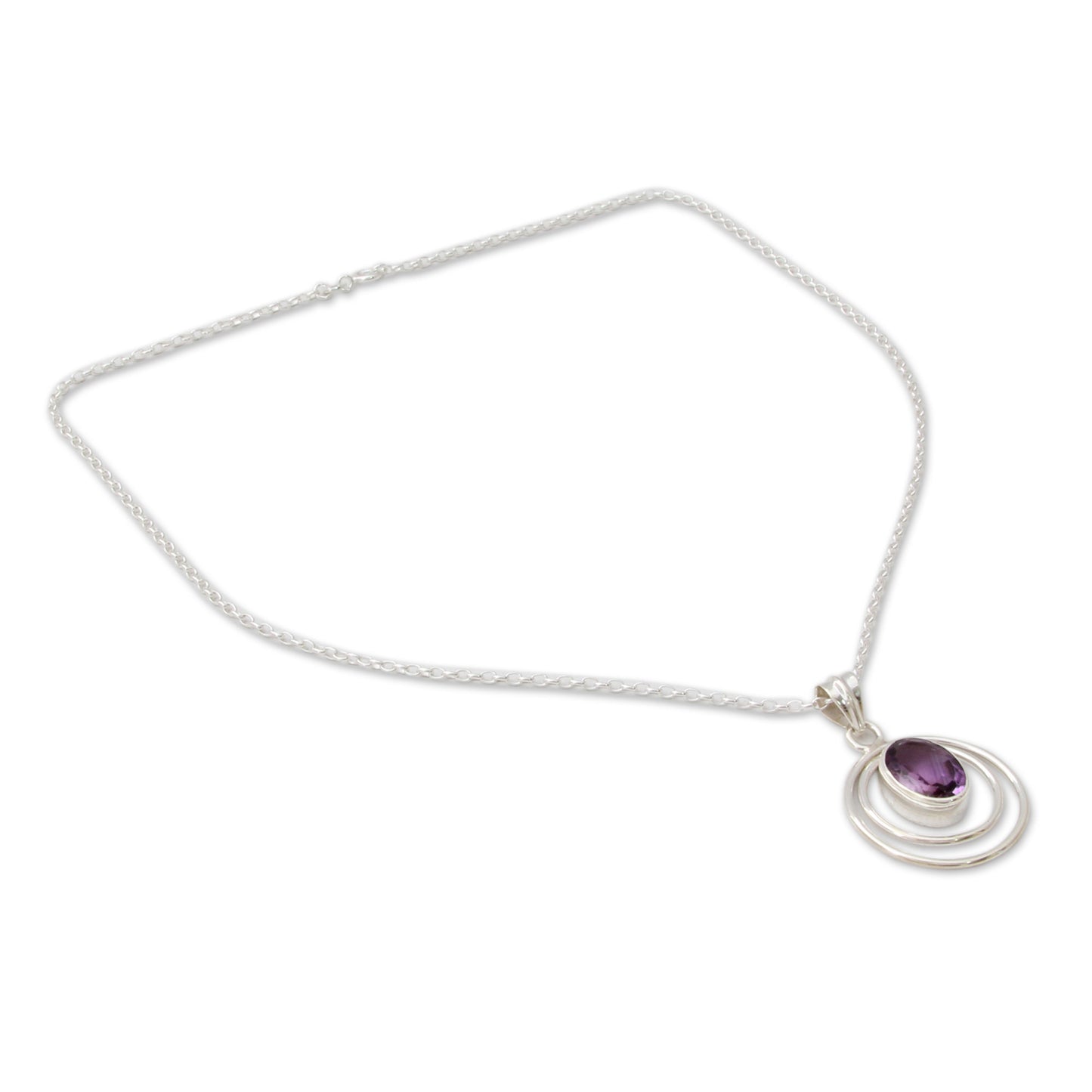 Twin Halo Modern Artisan Crafted Silver and Amethyst Pendant Necklace