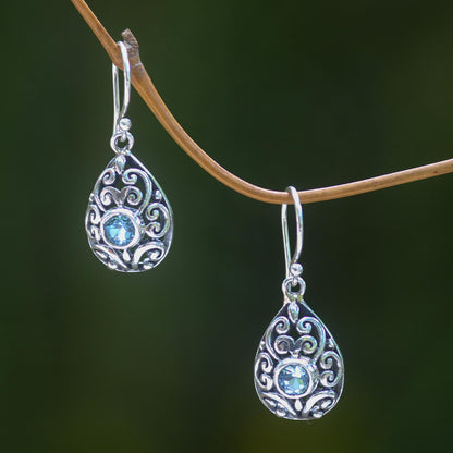 Blue Topaz & Silver Balinese Scarab Earrings