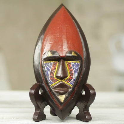 Ntoboase I African Wood Mask Carved by Hand with Colorful Beads