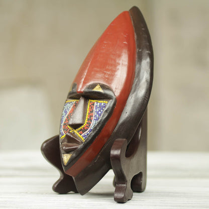 Ntoboase I African Wood Mask Carved by Hand with Colorful Beads