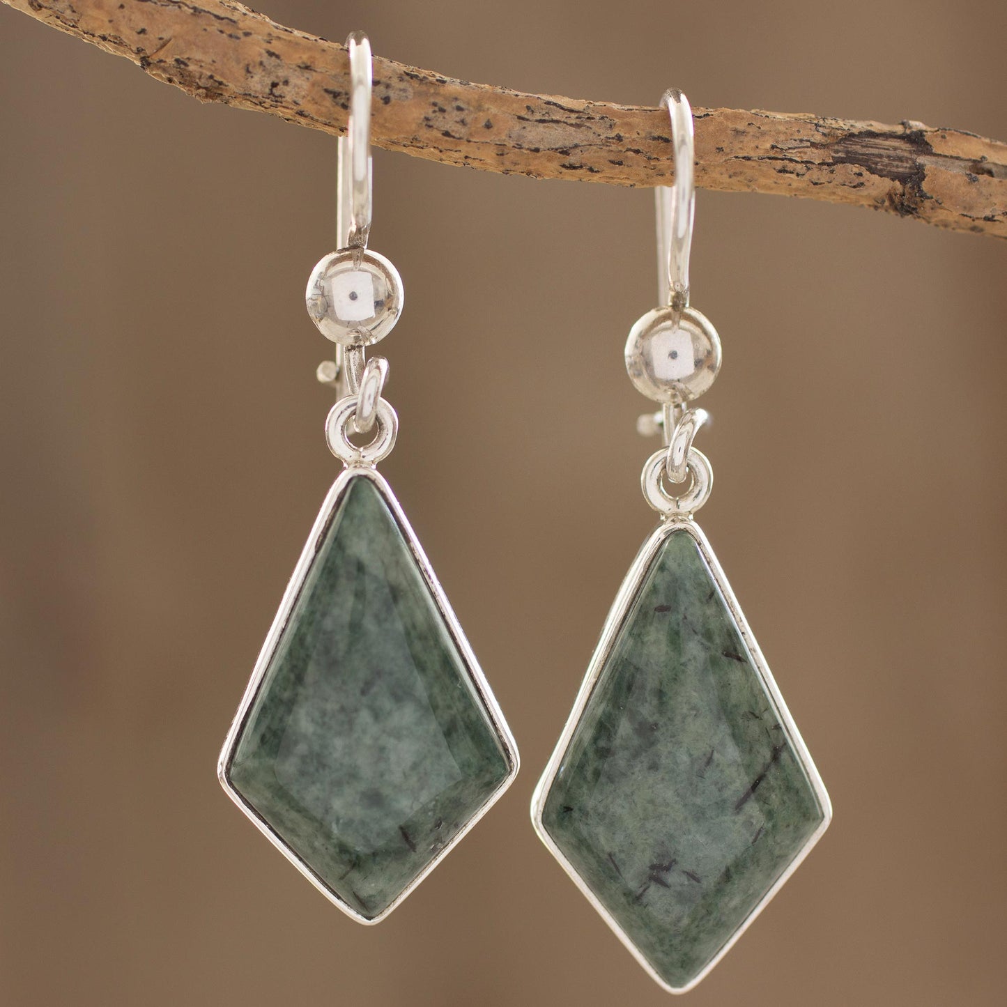 Jungle Pyramids Jade Earrings with Sterling Silver Settings from Guatemala