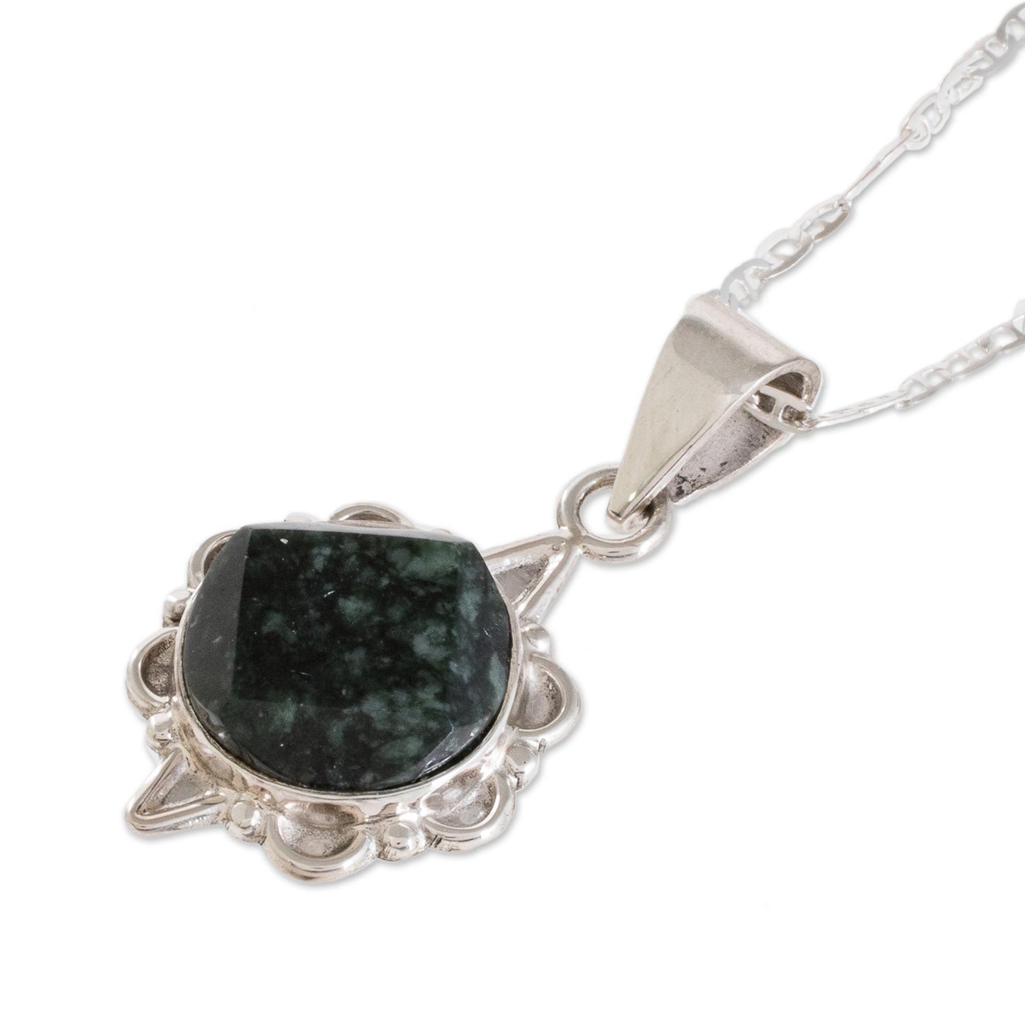 North and South Dark Green Guatemalan Jade Necklace in Sterling Silver