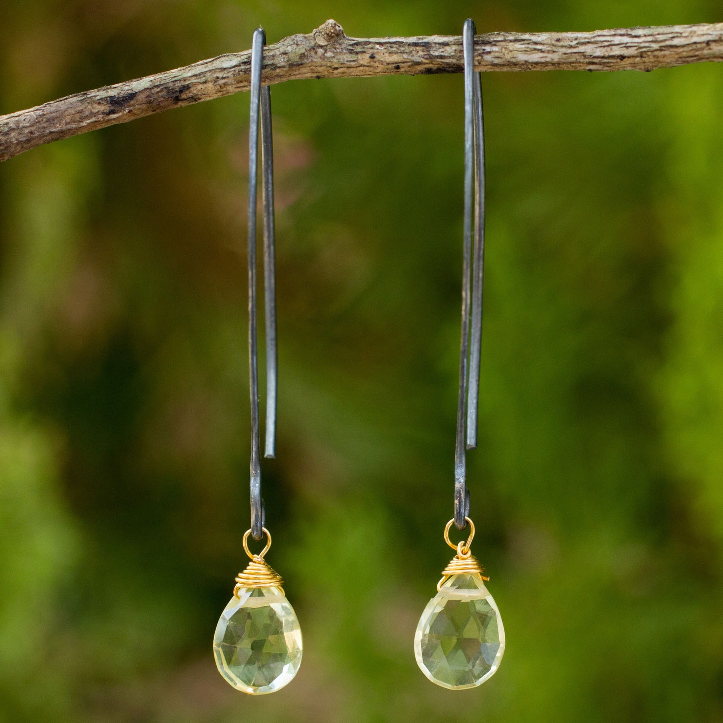 Midnight Meadow Thai Lemon Quartz Dangle Hook Earrings with Silver and Gold