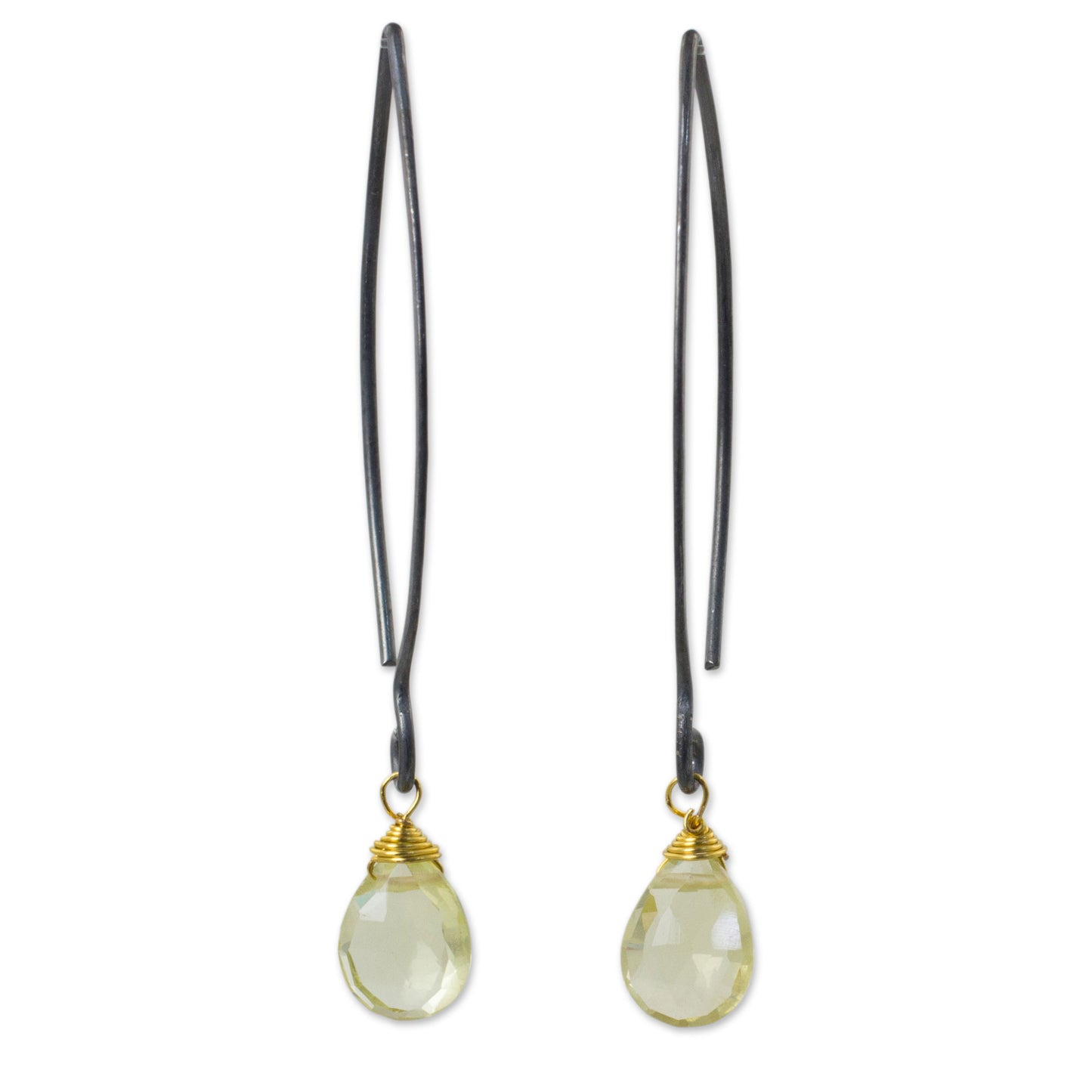 Midnight Meadow Thai Lemon Quartz Dangle Hook Earrings with Silver and Gold