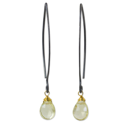 Midnight Meadow Thai Lemon Quartz Dangle Hook Earrings with Silver and Gold