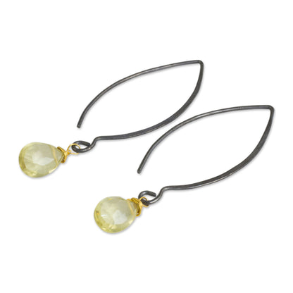 Midnight Meadow Thai Lemon Quartz Dangle Hook Earrings with Silver and Gold