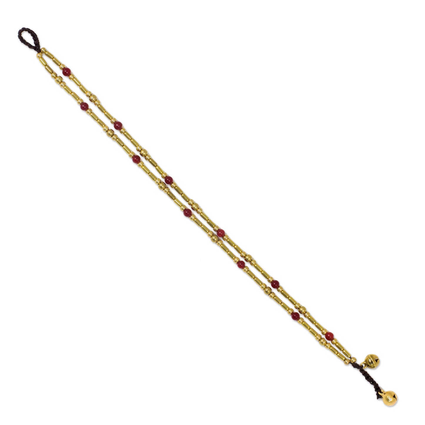 Golden Bell Double Strand Brass Bead Anklet with Red Quartz Beads