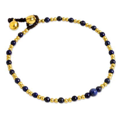 Cheerful Walk Single Strand Brass Bead Anklet with Lapis Lazuli