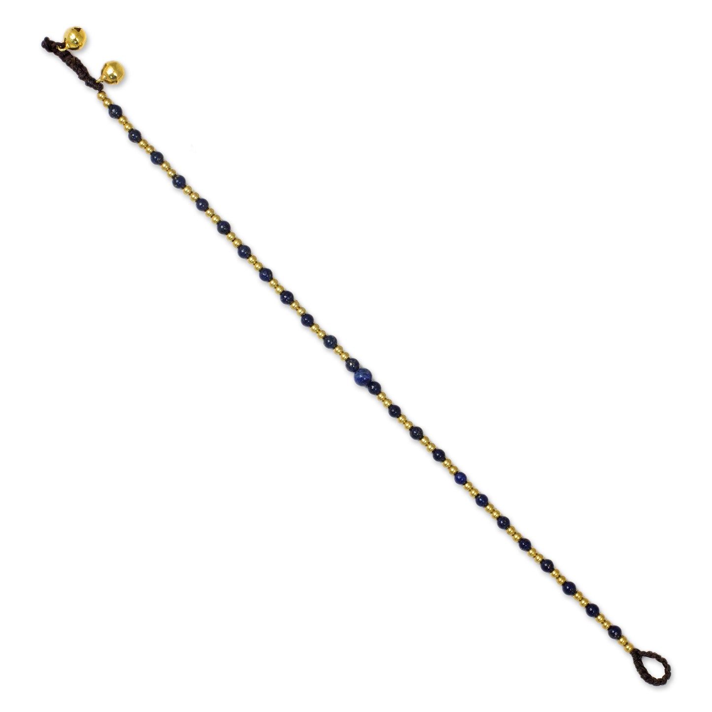 Cheerful Walk Single Strand Brass Bead Anklet with Lapis Lazuli
