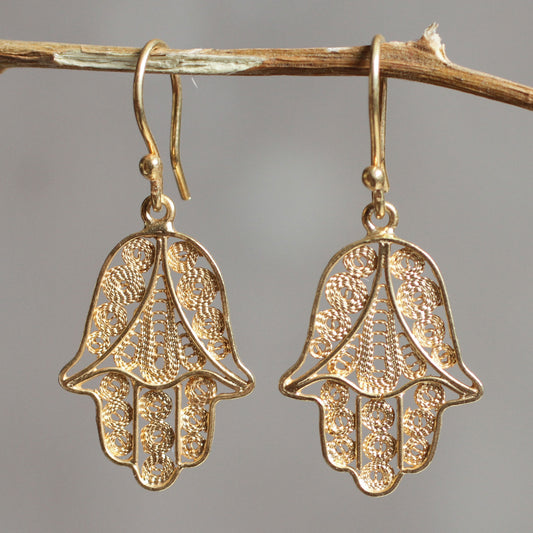 Hamsa Symbol Gold Vermeil Filigree Artisan Crafted Hamsa Symbol Earrings