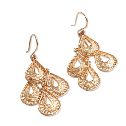 Raindrop Cascade Gold Vermeil Handcrafted Filigree Chandelier Earrings