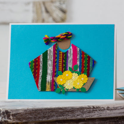 Blue Maya Flowers Set of 4 Blue Greeting Cards with Maya Weaving Insets