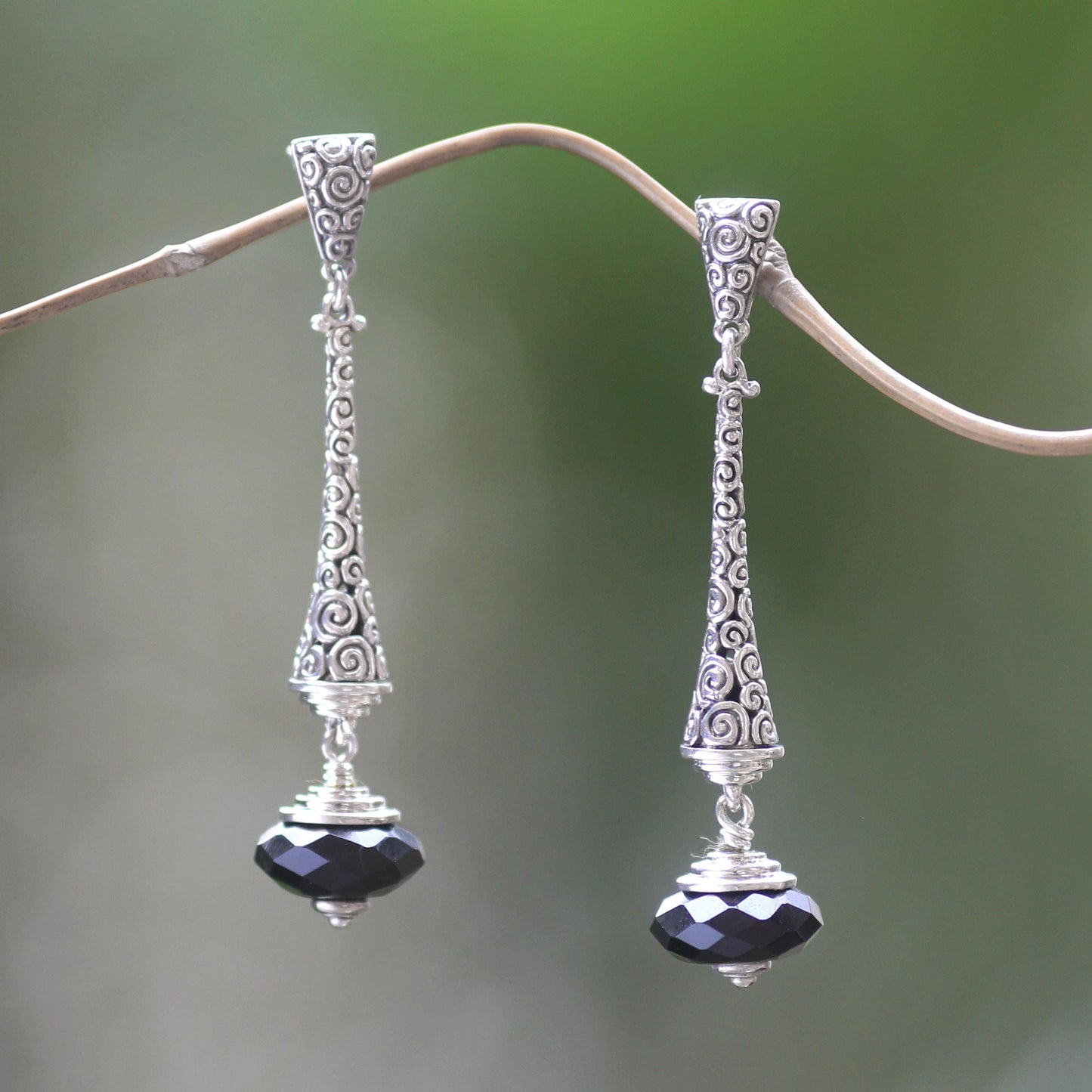 Borobudur Chimes 2.5-inch Long Sterling Silver Earrings with Onyx from Bali