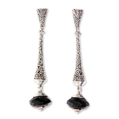 Borobudur Chimes 2.5-inch Long Sterling Silver Earrings with Onyx from Bali