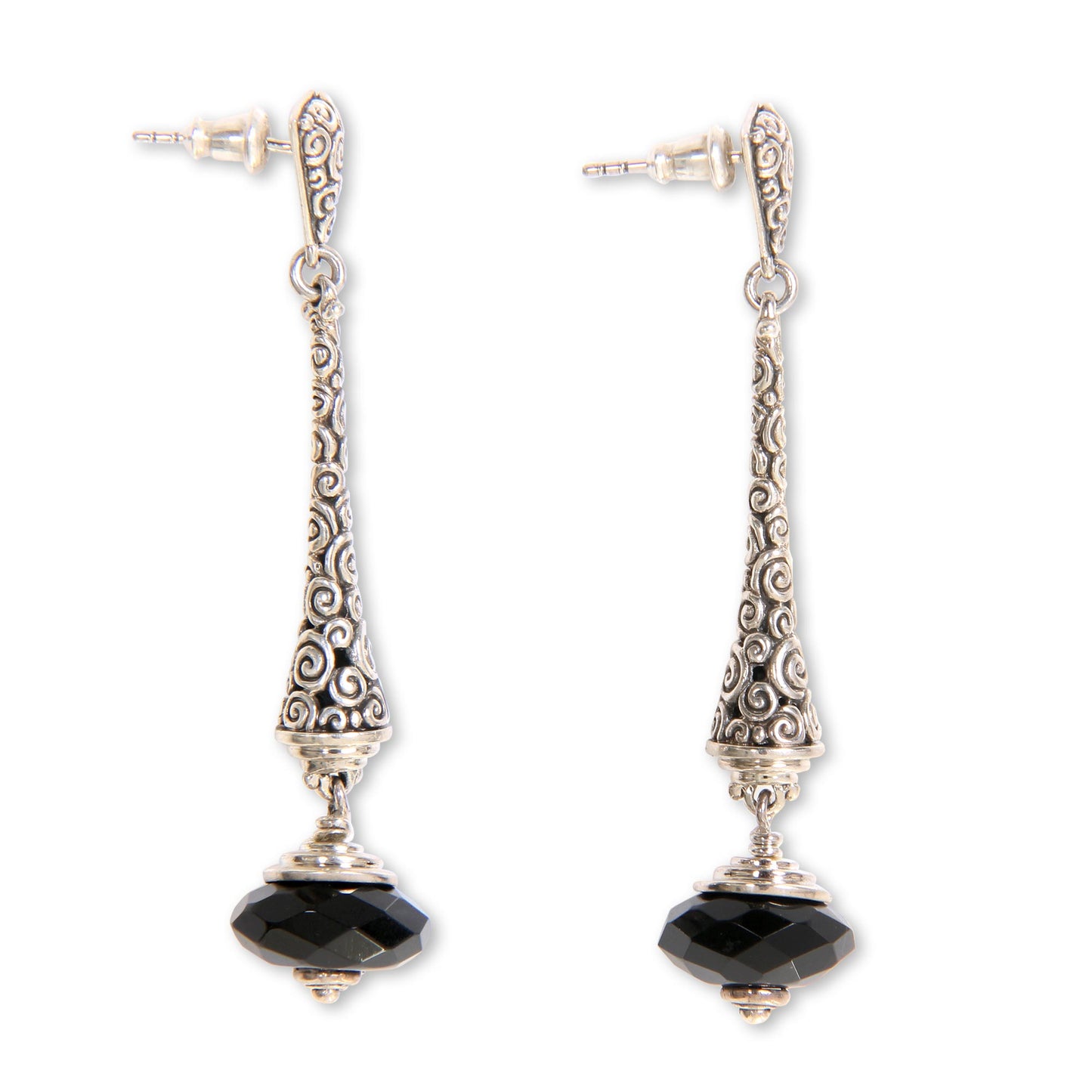 Borobudur Chimes 2.5-inch Long Sterling Silver Earrings with Onyx from Bali