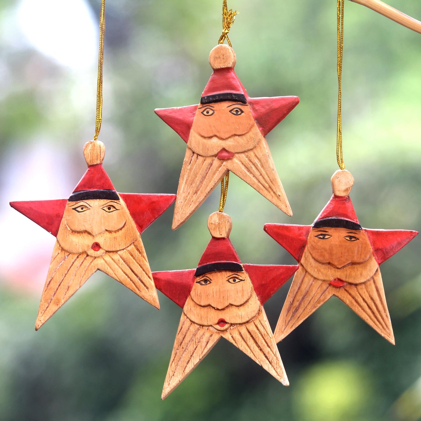 Red Santa Stars Santa Claus Star Wood Ornaments Handmade in Bali (Set of 4)