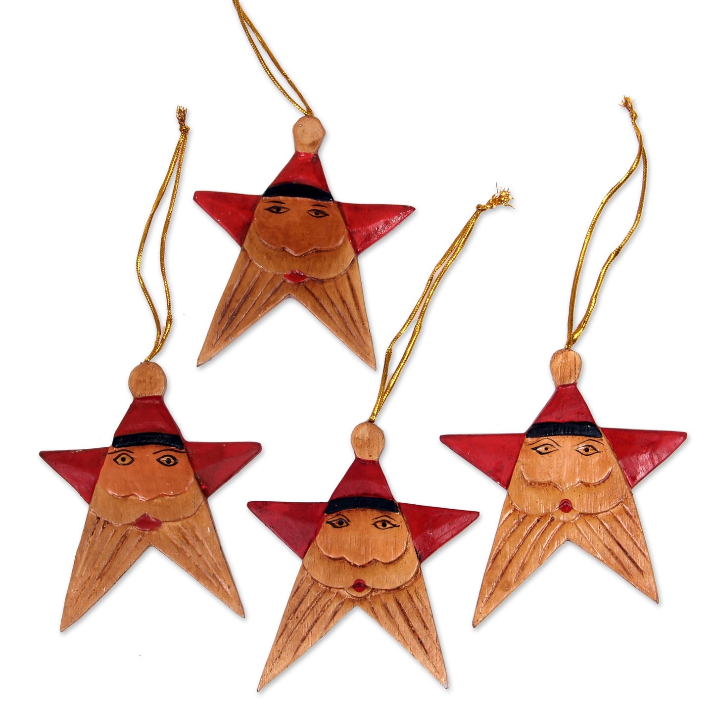 Red Santa Stars Santa Claus Star Wood Ornaments Handmade in Bali (Set of 4)